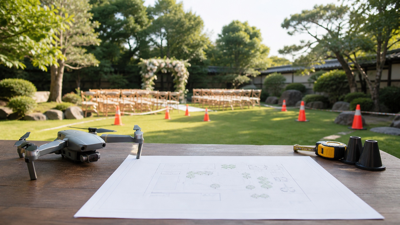 結婚式場の庭でドローン機体と配置図を使い撮影安全計画を立てるテーマ画像