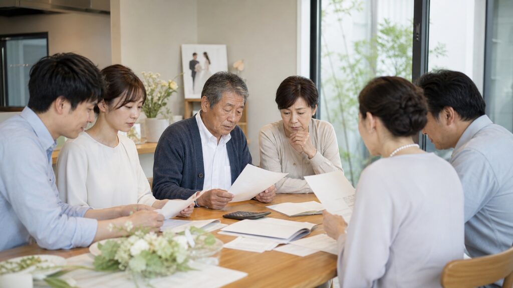 結婚式費用の見積書を囲み新郎新婦と両家の親が負担分を確認するテーマ画像