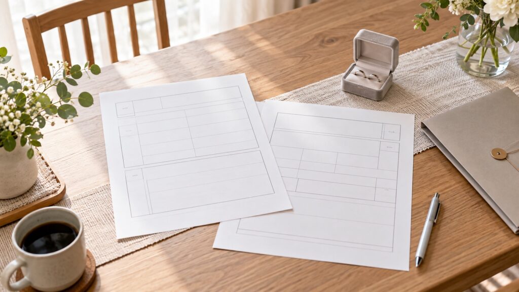 結婚後の証明書と式準備を分けて整理するテーブルのテーマ画像