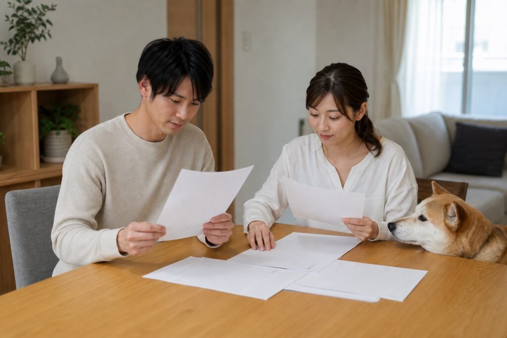 結婚と転居の書類を整理する飼い主のそばで愛犬が落ち着いて待つテーマ画像