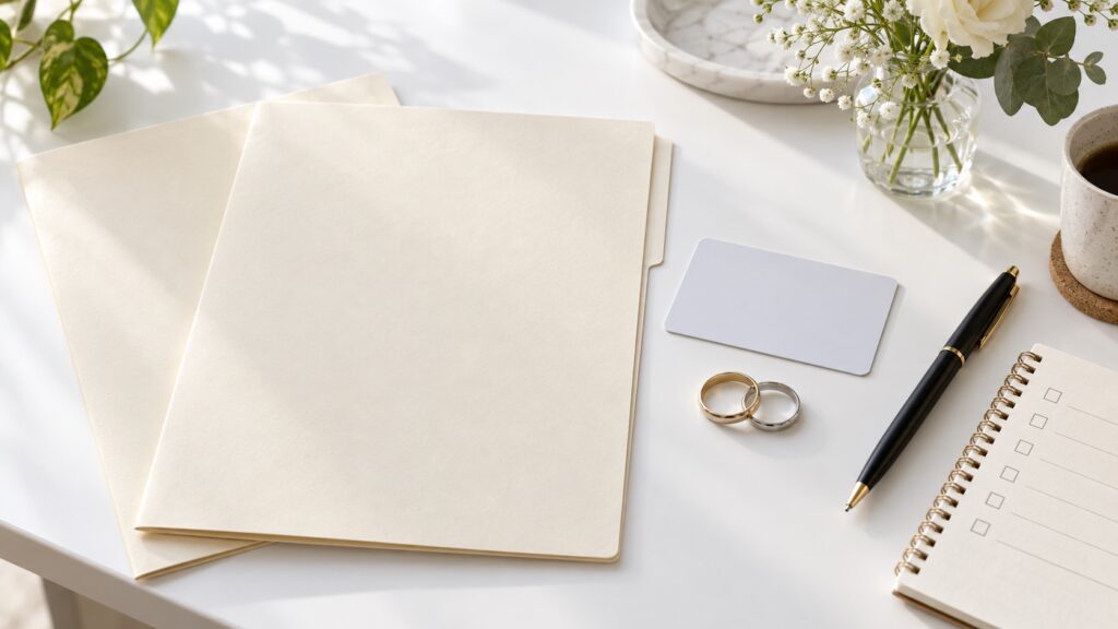 結婚後の氏名変更に必要なカードと手続きメモを確認するテーマ画像