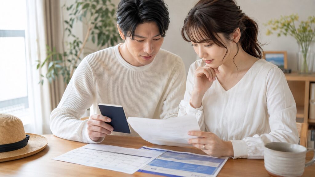 結婚後の新婚旅行前にパスポートと予約書類の氏名を二人で確認するテーマ画像