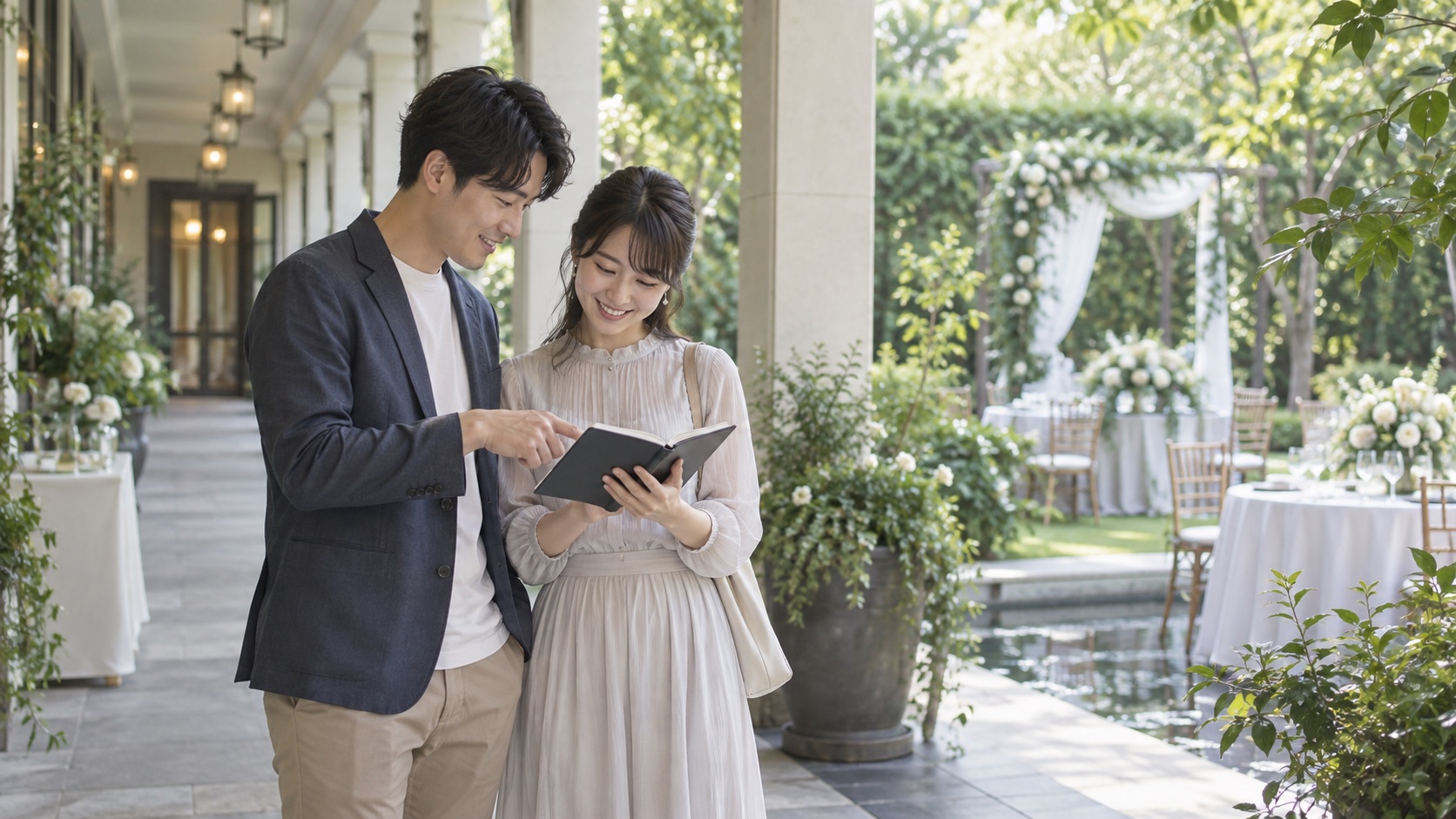 結婚式場見学前に予約時間とゲスト動線を確認する二人のテーマ画像