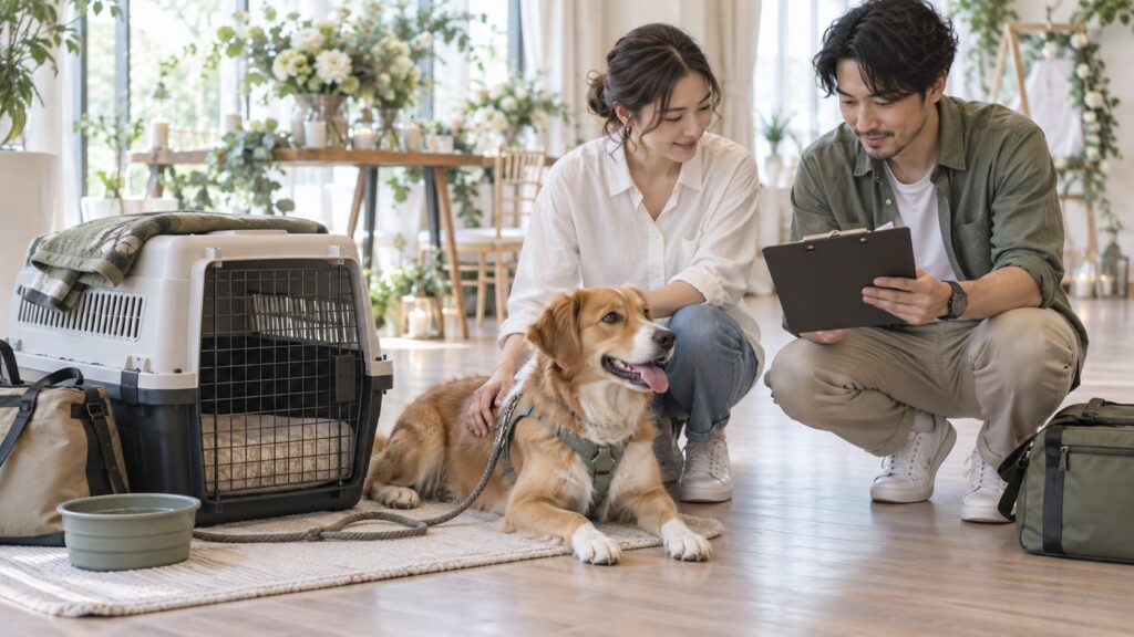 ペット婚へ向かう愛犬の安全な送迎と屋内休憩を準備するテーマ画像