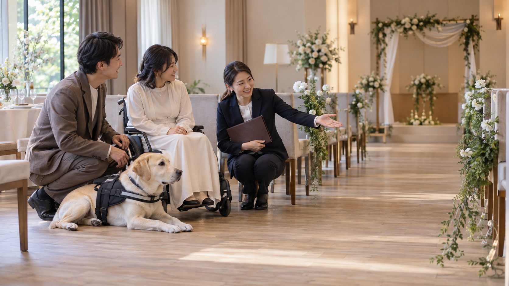 補助犬ユーザーを迎える少人数婚の会場動線を確認するテーマ画像