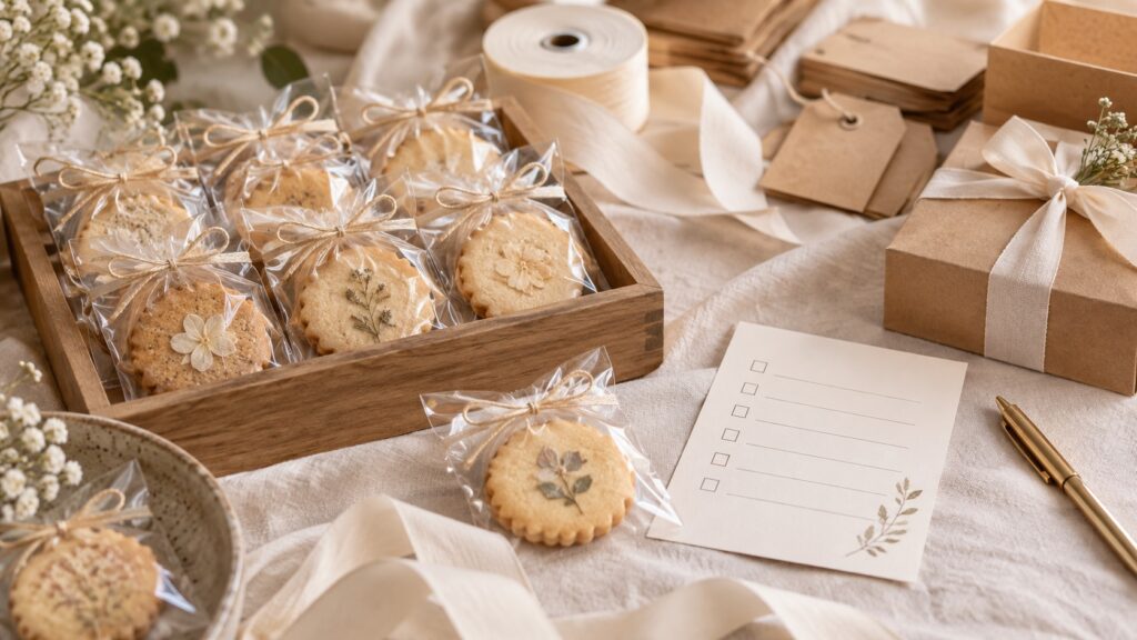 個包装の焼き菓子プチギフトを成分表示と一緒に確認する結婚式準備のテーマ画像
