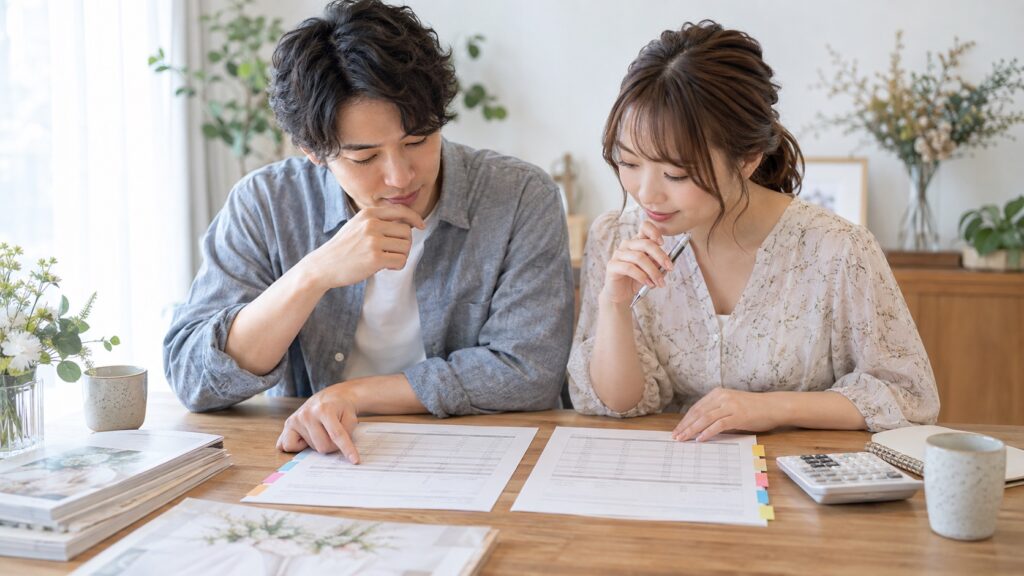 結婚式の二つの見積書を二人で比較するテーマ画像