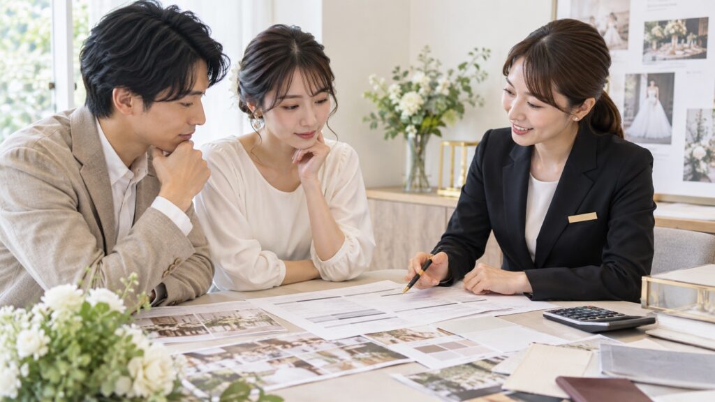 新郎新婦と担当者が結婚式の見積明細と支払時期を確認するテーマ画像
