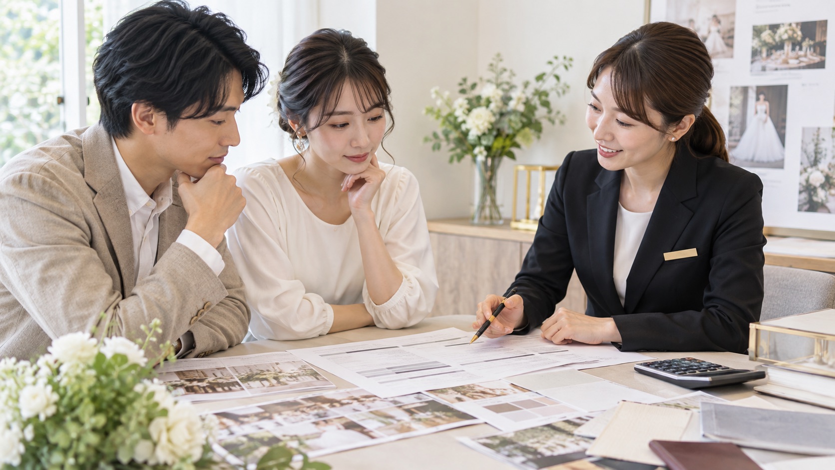 新郎新婦と担当者が結婚式の見積明細と支払時期を確認するテーマ画像