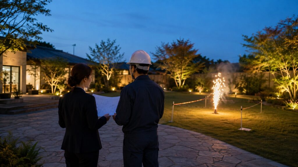結婚式の花火演出前に安全区域と計画図を確認する担当者のテーマ画像