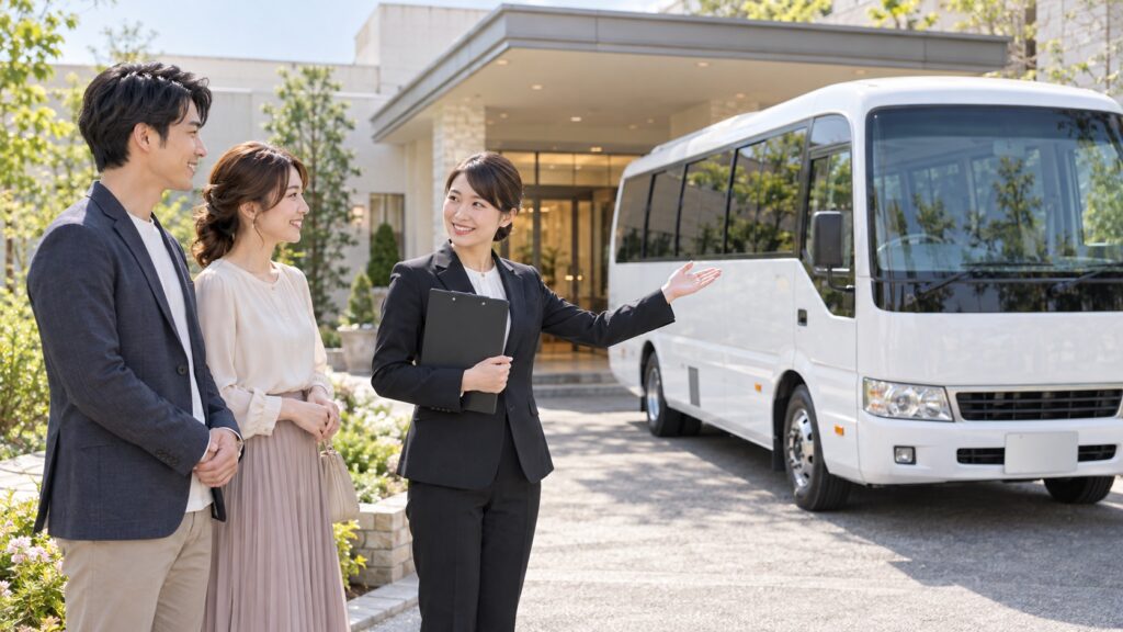 結婚式場見学で貸切送迎バスの乗降計画を確認するカップルのテーマ画像